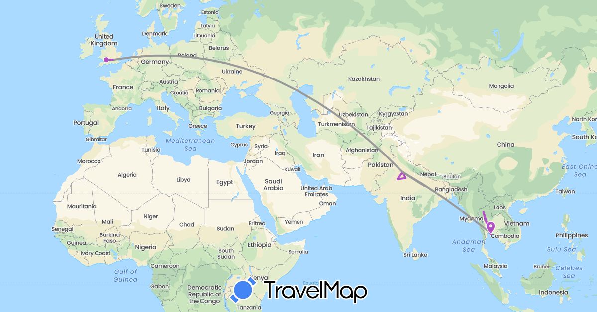TravelMap itinerary: driving, plane, train in United Kingdom, India, Thailand (Asia, Europe)